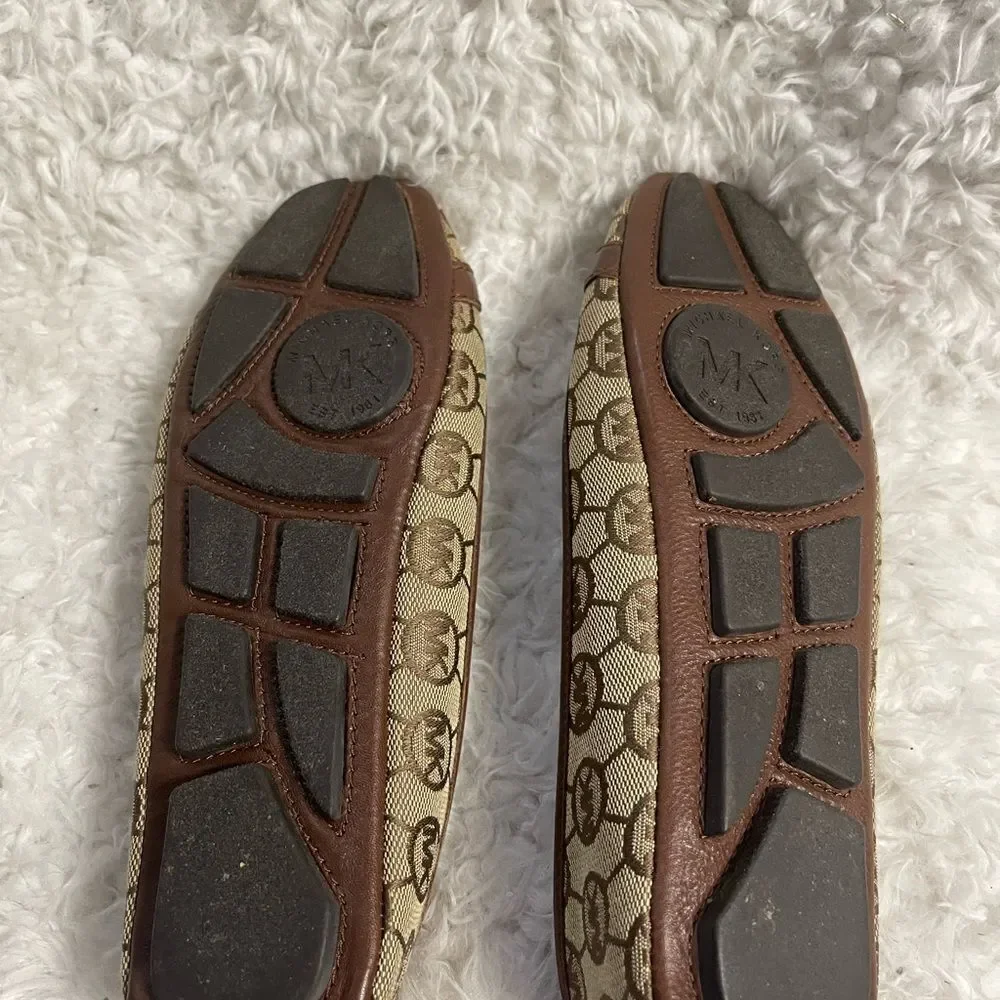 Michael Kors Brown and Gold Women's Flats fabric logo with leather trim SZ 7